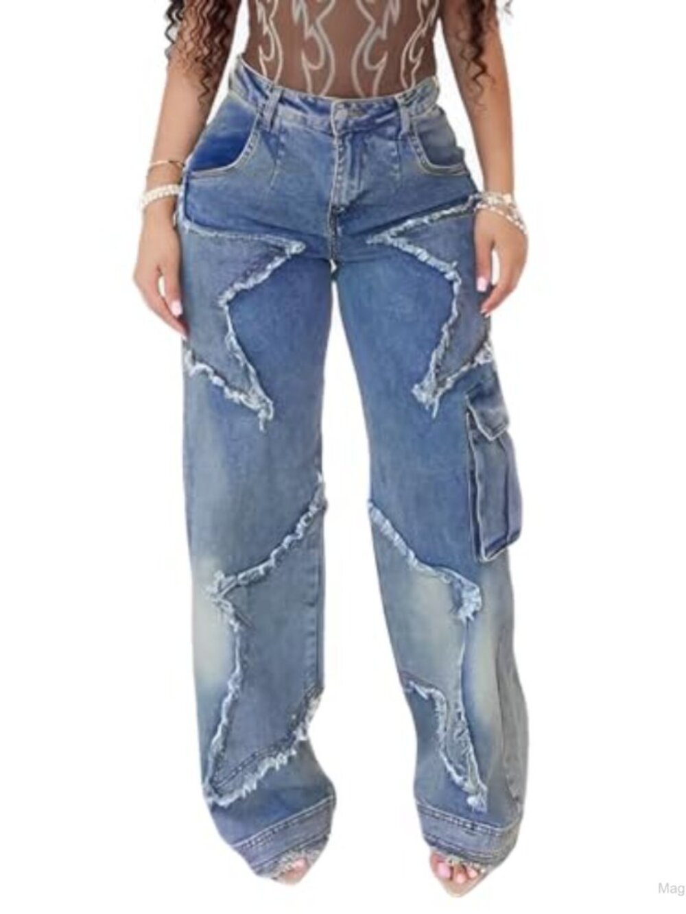 High Waisted Baggy Cargo Jeans Ripped Star Tassel Fringe Denim Pants
